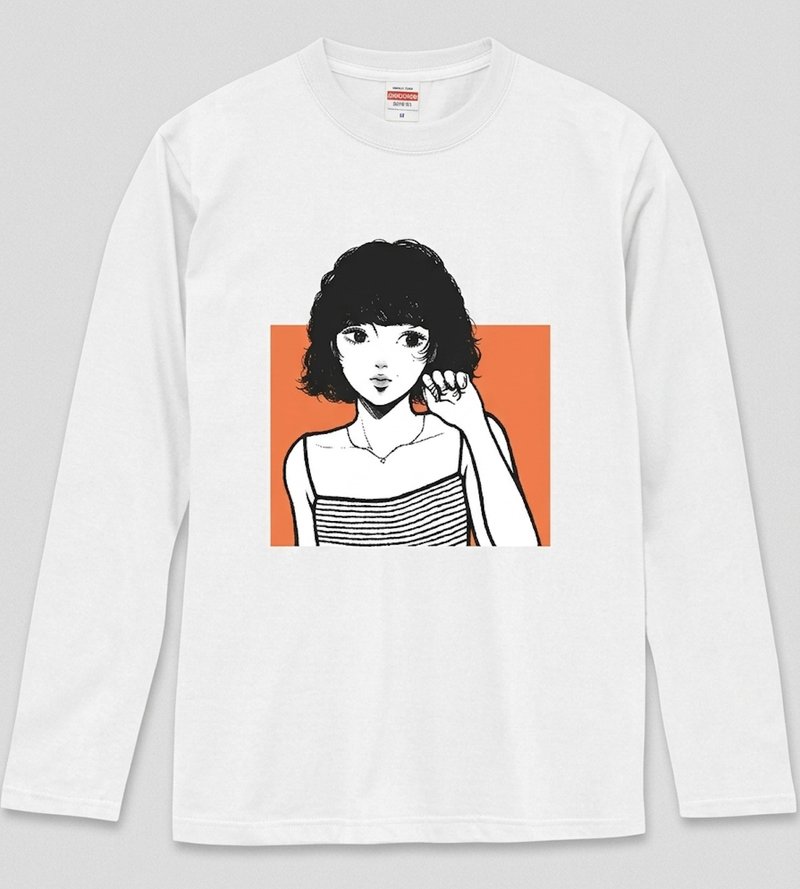 定制款　长袖T恤　印有女性插画图案　日本制造　艺术风格　可爱 - 女装 T 恤 - 纸 白色