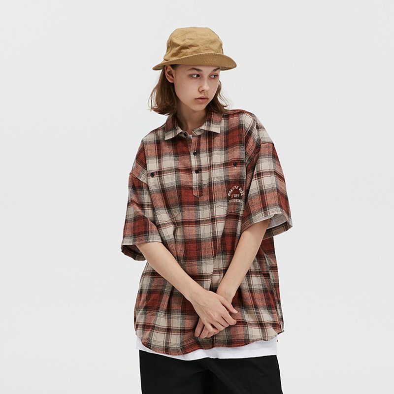 MOKACME 2023SS 新品定织复古法兰格纹短袖宽松街头cityboy衬衣男 - 男装上衣/T 恤 - 棉．麻 