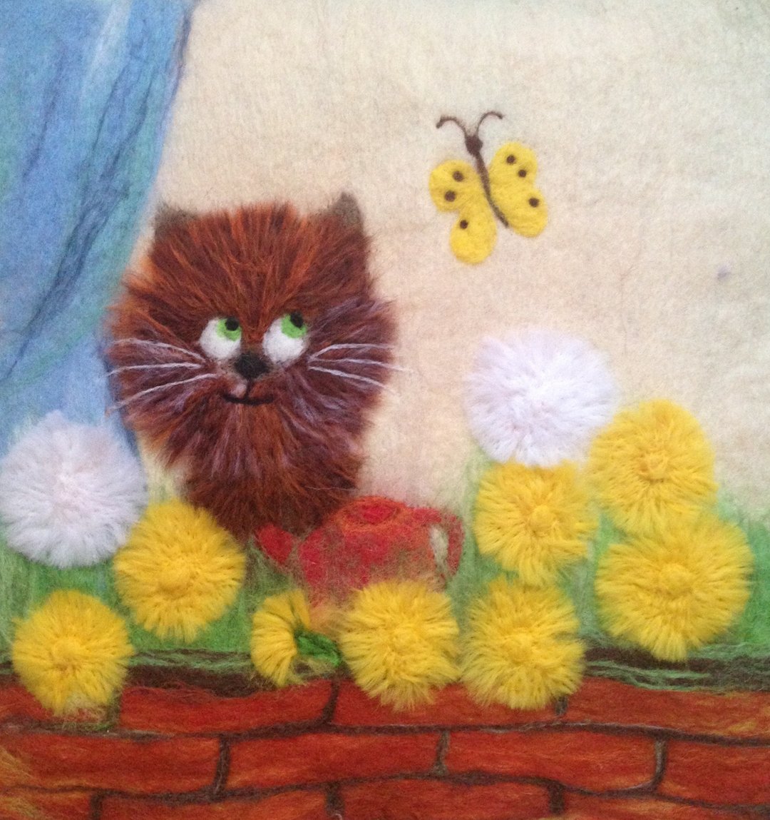 cat hand made felted wool art - wall art - 墙贴/壁贴 - 羊毛 多色