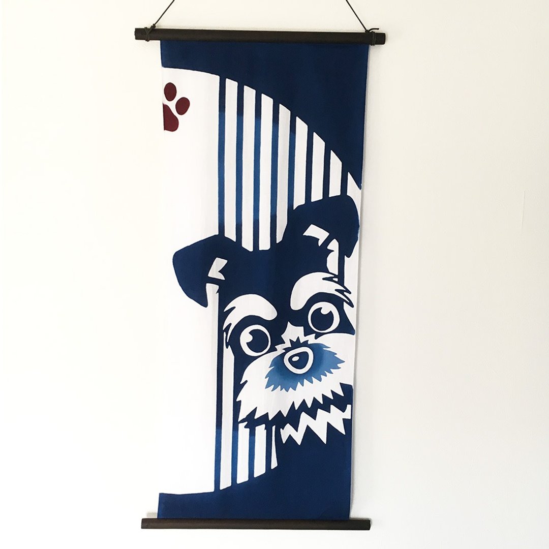 Miniature schnauzer Japanese tenugui blue - 毛巾浴巾 - 棉．麻 蓝色