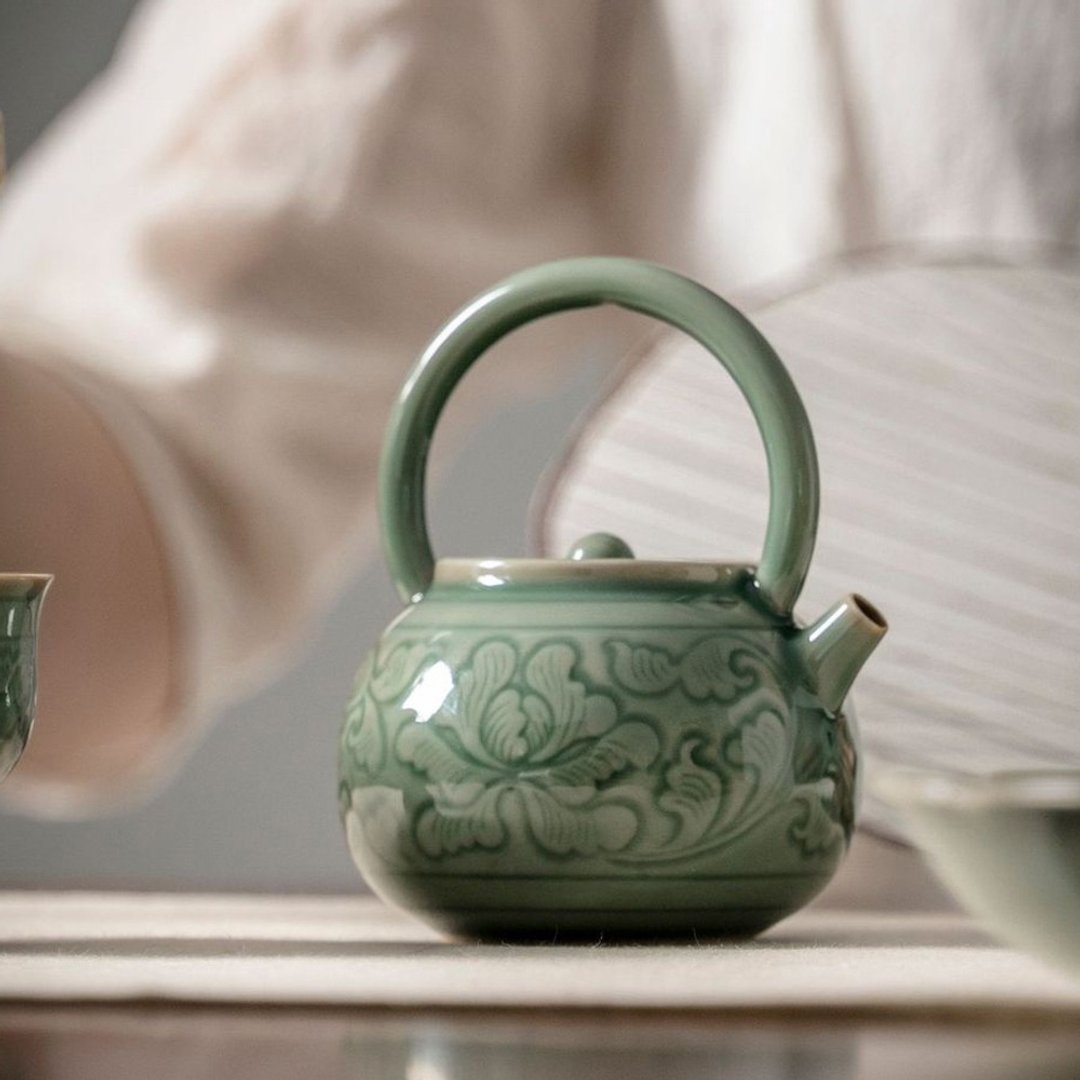品藏 龙泉青瓷功夫茶具-雕刻牡丹茶壶 - 茶具/茶杯 - 瓷 