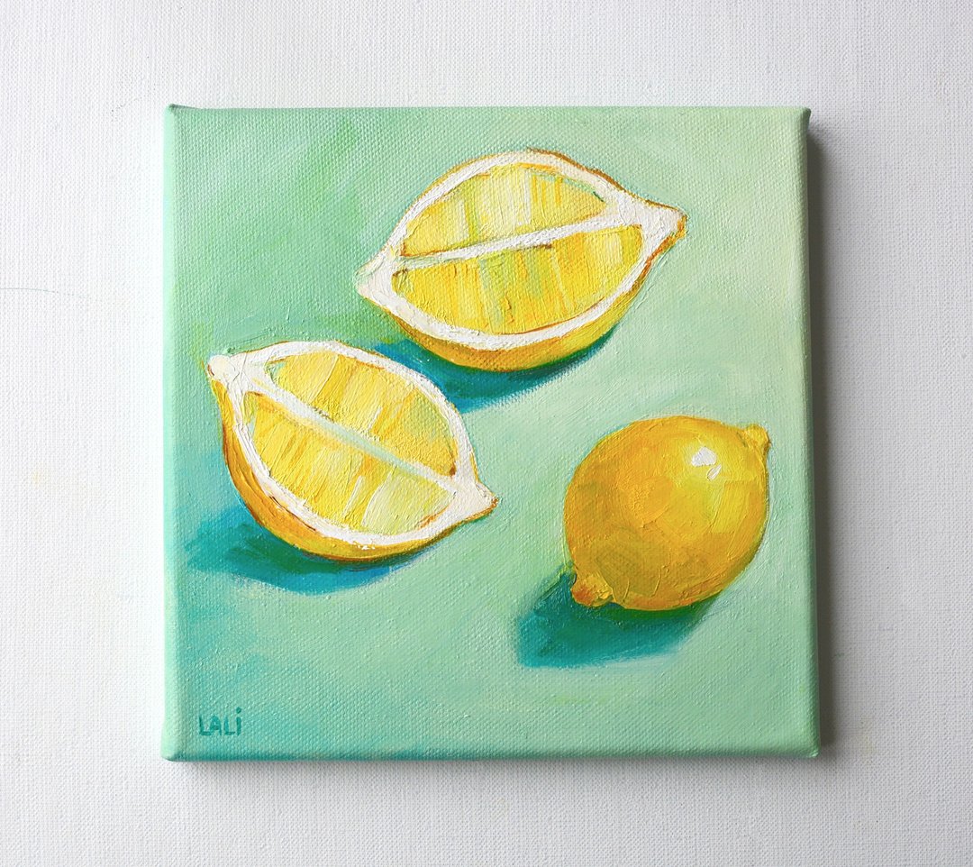 柠檬 原创布面油画 20x20cm 现代绘画 当代艺术 - 插画/绘画/写字 - 其他材质 黄色