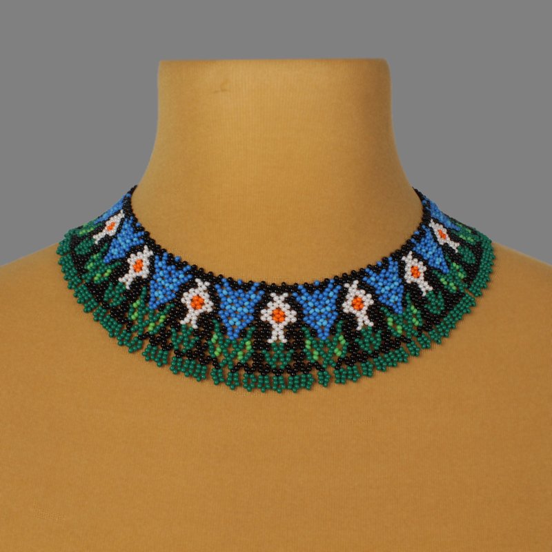 蓝色花朵串珠项链 - 项链 - 玻璃 蓝色