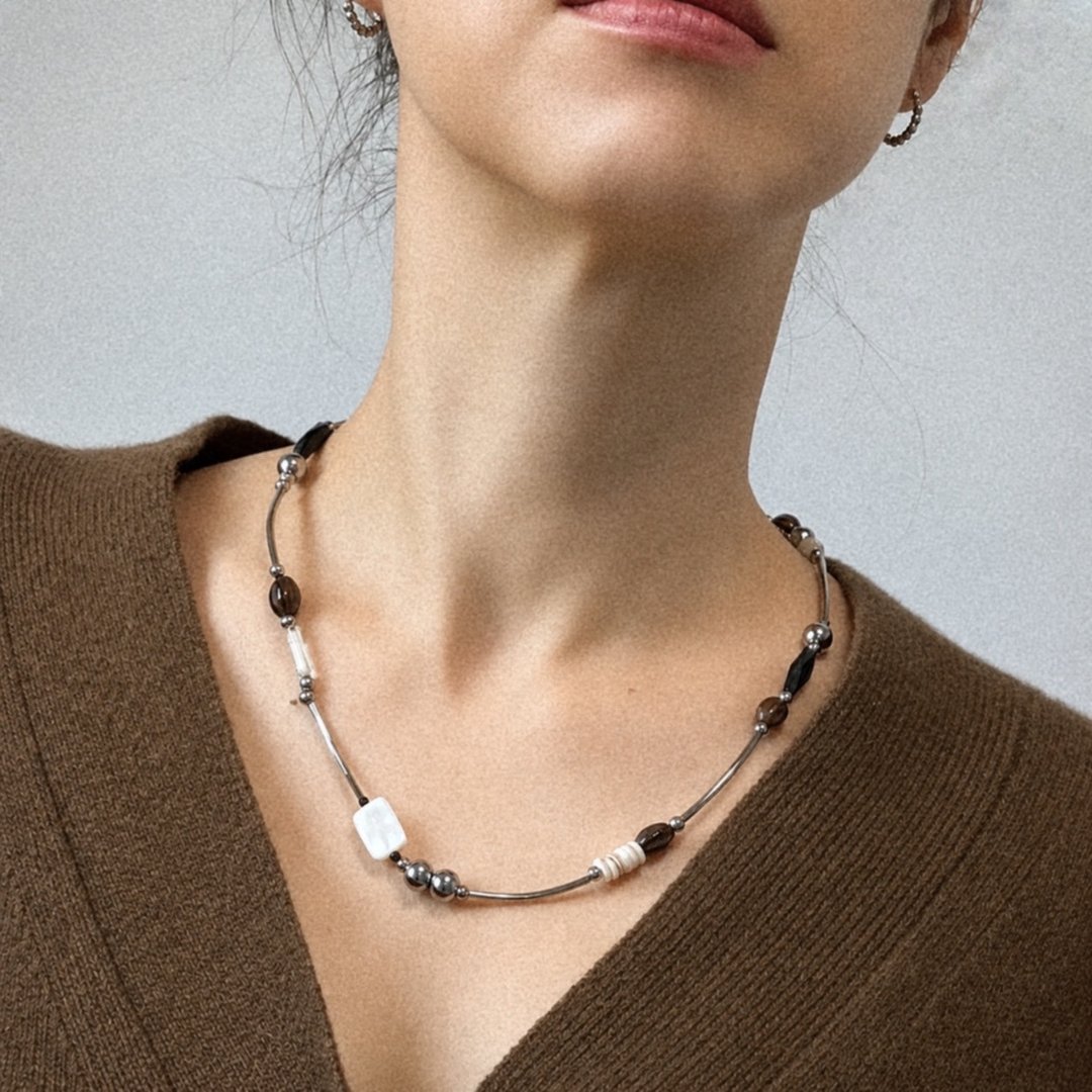 MIXED MATERIAL NECKLACE　异材质拼接项链 - 项链 - 不锈钢 咖啡色
