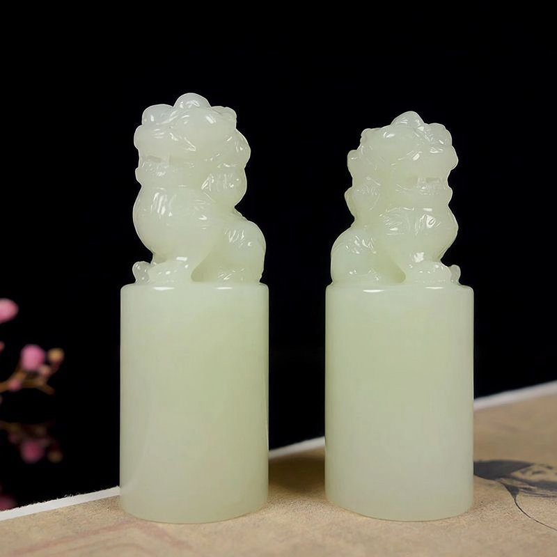 客制和田玉印章狮钮对章圆章印泥仿传统篆刻21x21x55mm - 印章/印台 - 玉石 白色