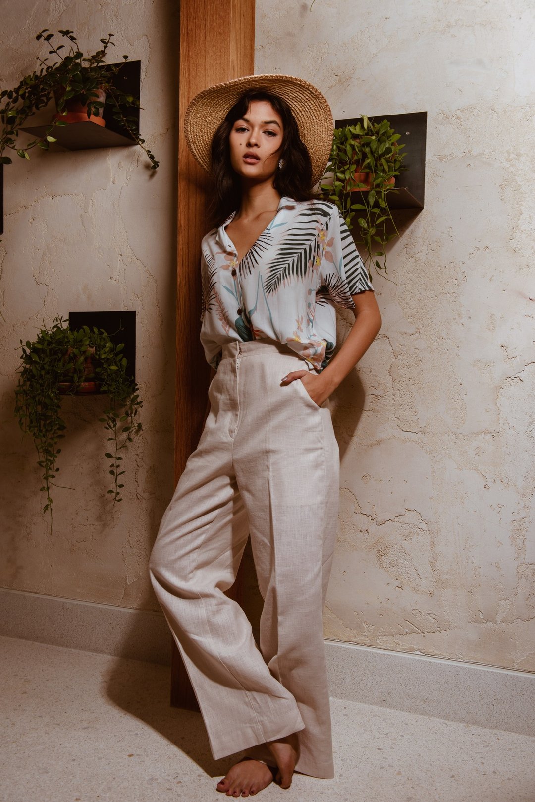 EMILY LINEN PANTS / Egg Shell - 女装长裤 - 棉 卡其色