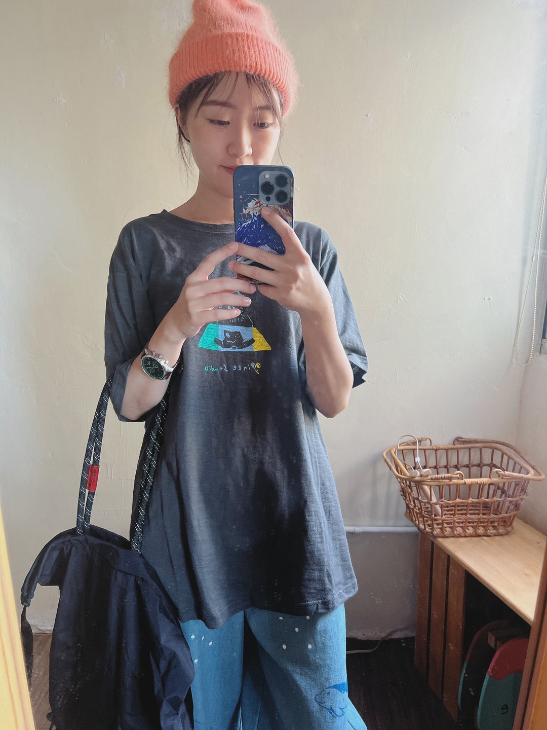灰黑纯棉随性夏日手工印花短袖上衣 t-shirt 中性款 - 女装 T 恤 - 棉 黑色