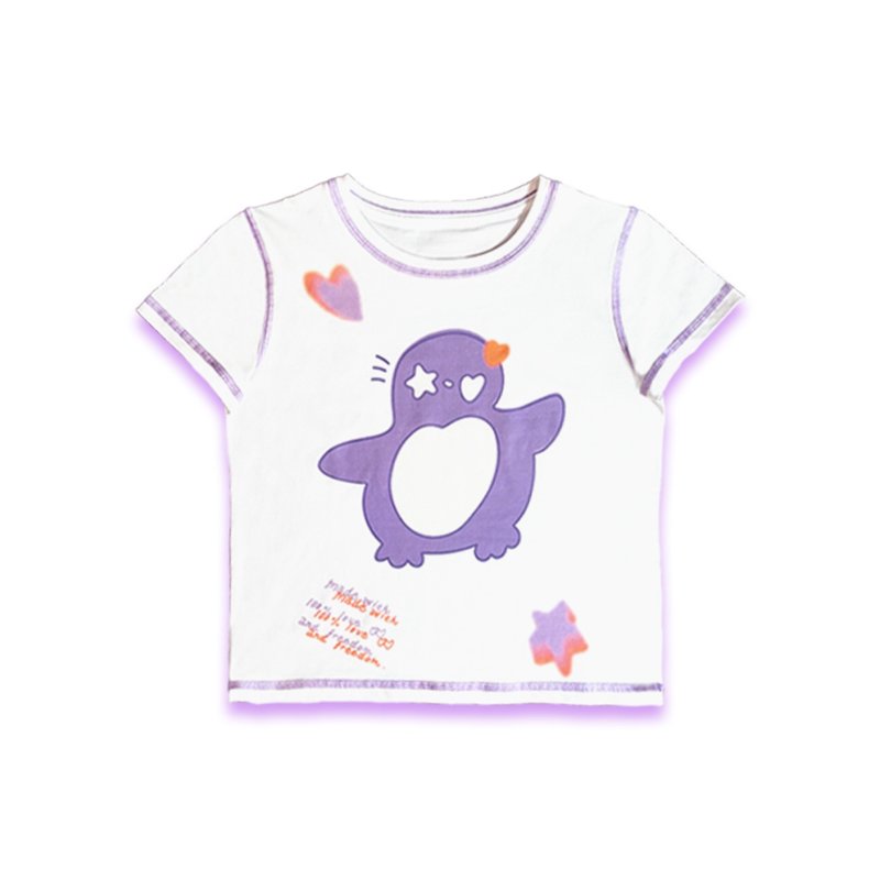 原创设计企鹅印花明线缝合短款T恤 - 女装 T 恤 - 棉．麻 白色