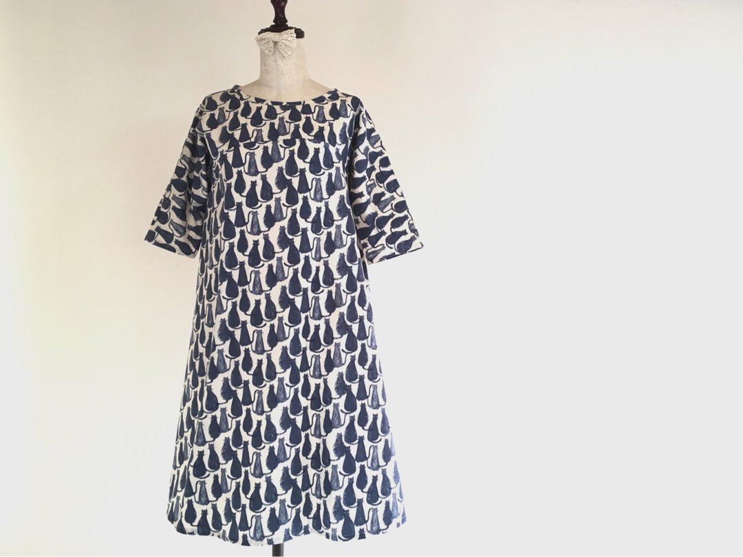 Watercolor style * Cat pattern flare one piece * Ash blue - 洋装/连衣裙 - 棉 蓝色