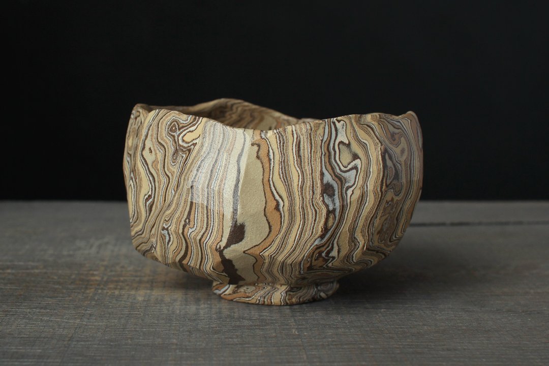 Wabi sabi tea bowl, Beige nerikomi chawan - 茶具/茶杯 - 陶 卡其色