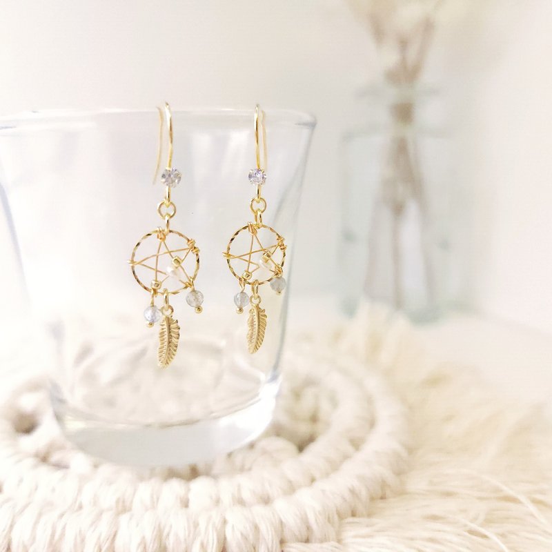 【天然石捕梦网耳环】S925纯银耳针-设计款式 - 耳环/耳夹 - 其他材质 金色