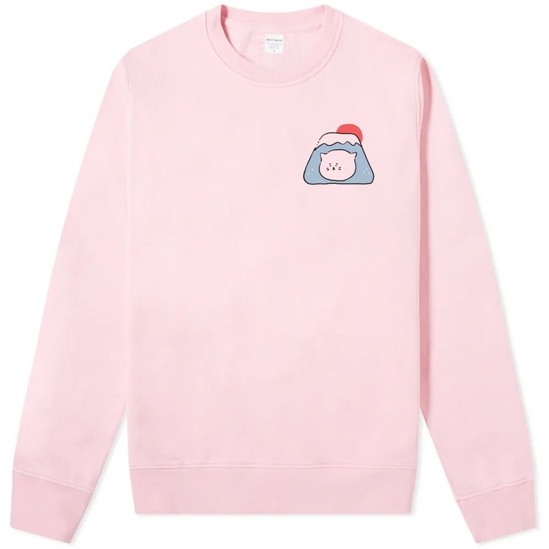 左胸 猫咪富士山 大学T 刷毛 中性版 浅粉 日本东京Tokyo秋冬保暖 - 女装上衣 - 棉．麻 粉红色