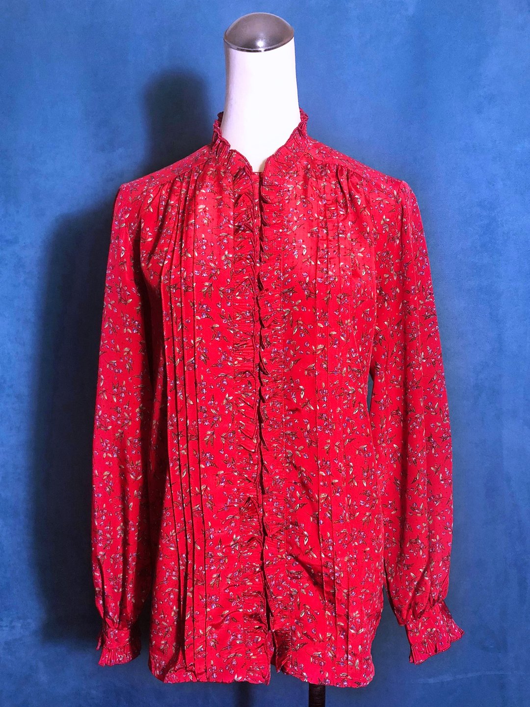嫣红织纹花朵长袖古着衬衫/ 国外带回 VINTAGE - 女装衬衫 - 聚酯纤维 红色