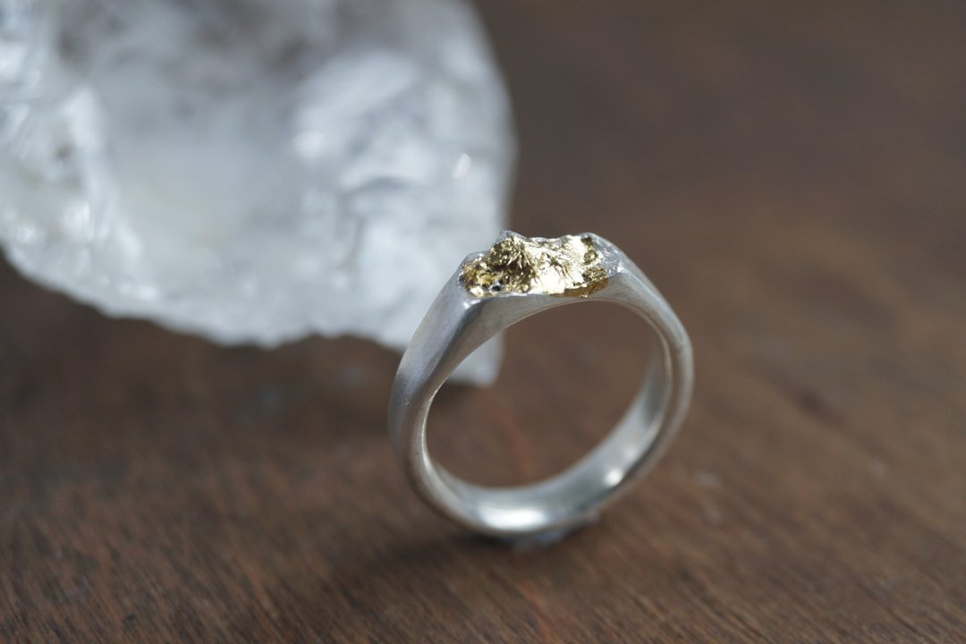 点金戒指 双色戒指 24k金箔 925纯银 - 戒指 - 其他金属 银色