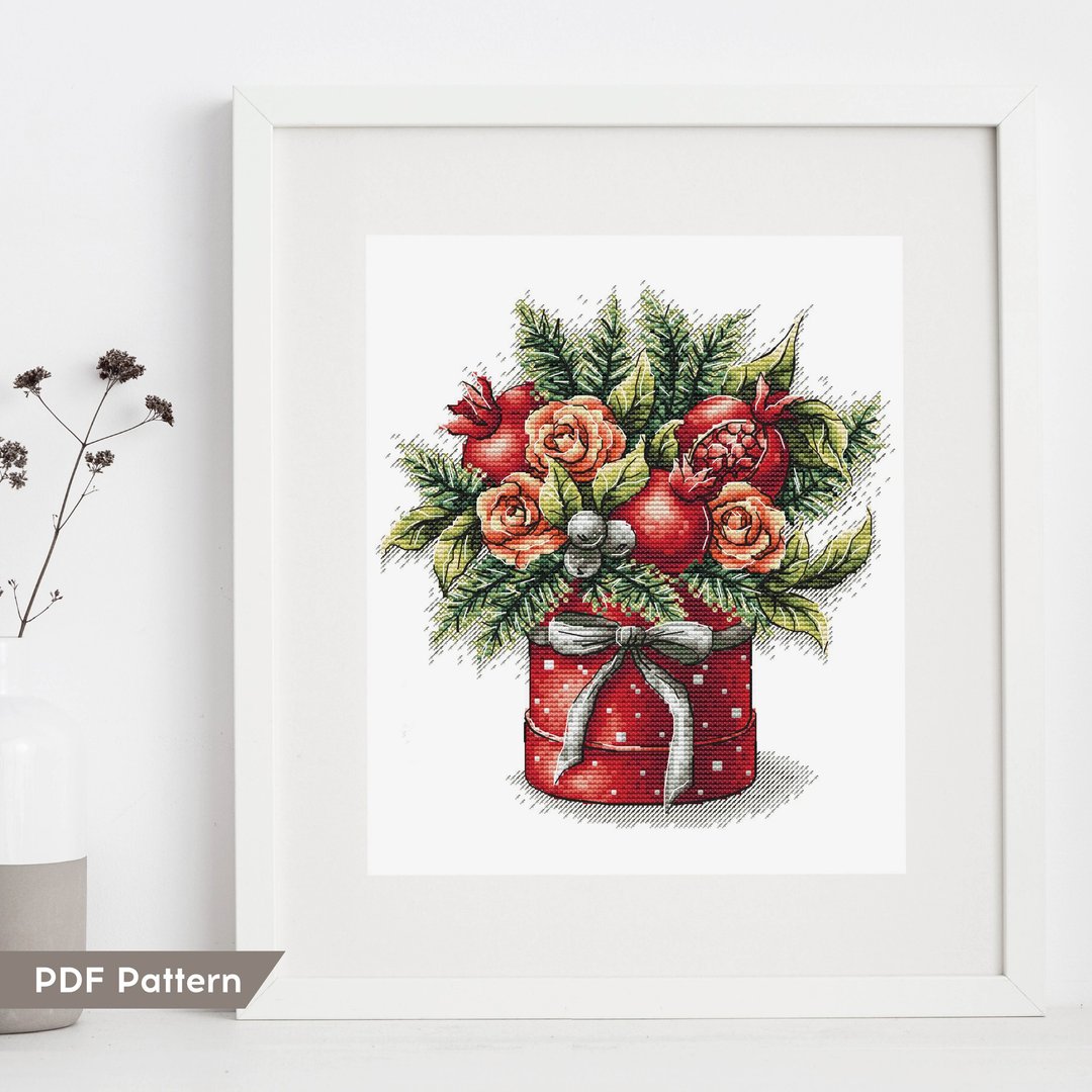 Pomegranate Bouquet Cross Stitch pattern digital download PDF handmade DIY décor - 编织/刺绣/羊毛毡/裁缝 - 绣线 红色