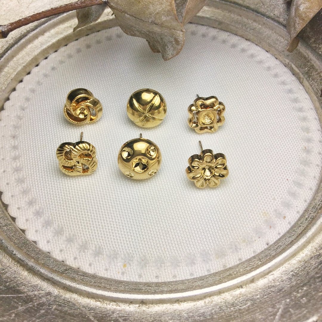 // 复古不对称小耳环套组 304不锈钢 // ve185 仅一组 - 耳环/耳夹 - 塑料 金色