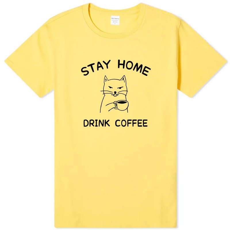 STAY HOME DRINK COFFEE 中性短袖T恤 黄色 待在家里喝咖啡防疫 - 男装上衣/T 恤 - 棉．麻 黄色
