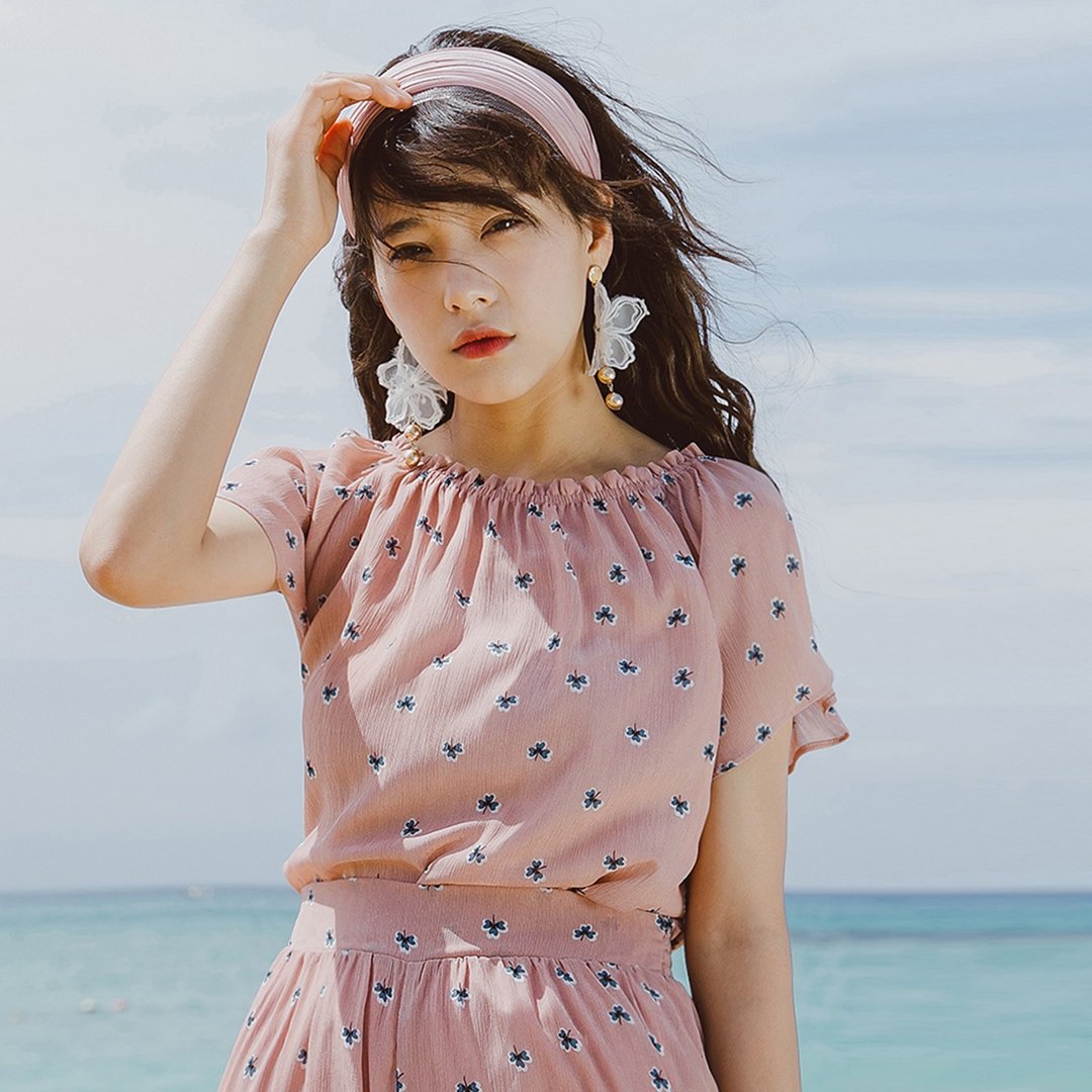 【出清品】安妮陈2019夏装新款女装插肩袖雪纺印花T恤8262 - 女装 T 恤 - 聚酯纤维 粉红色