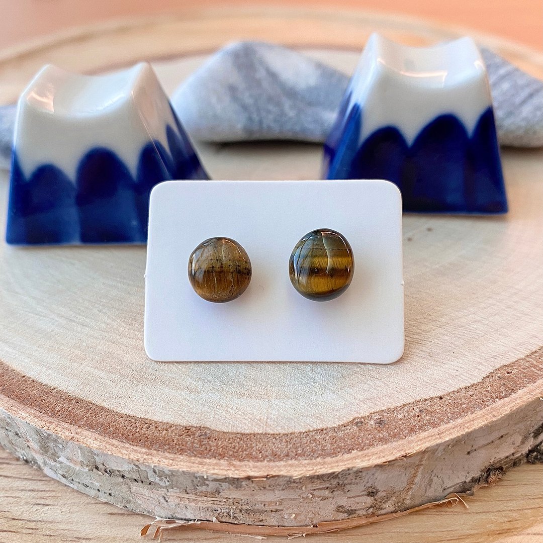 石光-天然矿石耳环-虎眼石07 - 耳环/耳夹 - 半宝石 咖啡色