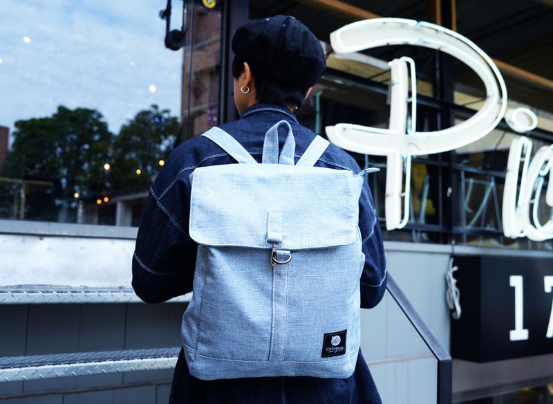 麻料拉链后背包(浅蓝) - 后背包/双肩包 - 棉．麻 蓝色