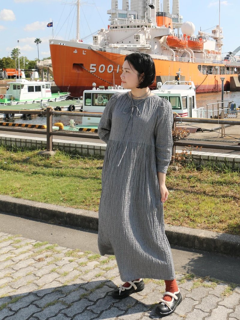 港口 - 细褶蓬袖连身裙 - 洋装/连衣裙 - 棉．麻 灰色