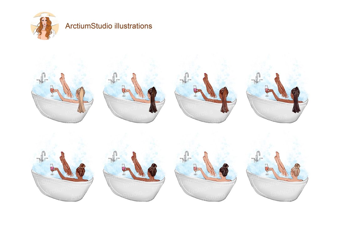Digital Bath with wine clipart, Relaxing in Bath Woman - 电子手绘真人画像/绘画/插画 - 其他材质 