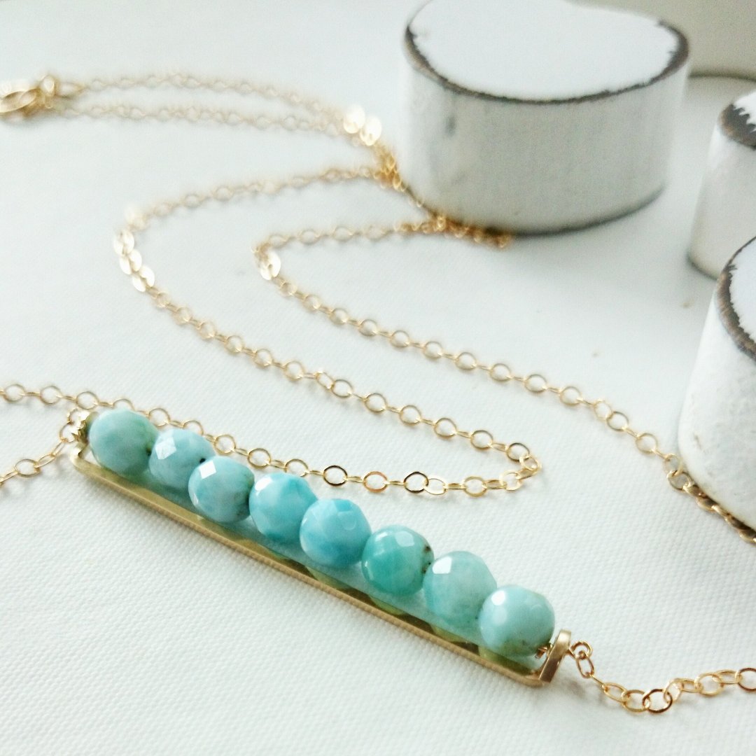 14kgf ♡ AA + larimar line bar necklace - 项链 - 宝石 蓝色