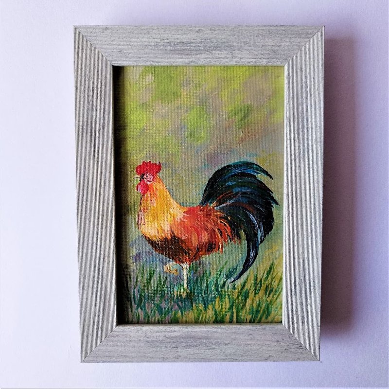 Bird wall art framed Rooster bird painting impasto small wall decoration 掛畫 - 墙贴/壁贴 - 压克力 多色