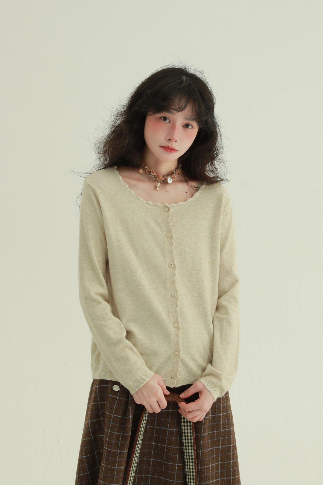 卡其色 薔薇 花邊針織內搭開衫 甜美減齡文藝休閒百搭休閒上衣 - 女装针织衫/毛衣 - 其他人造纤维 卡其色