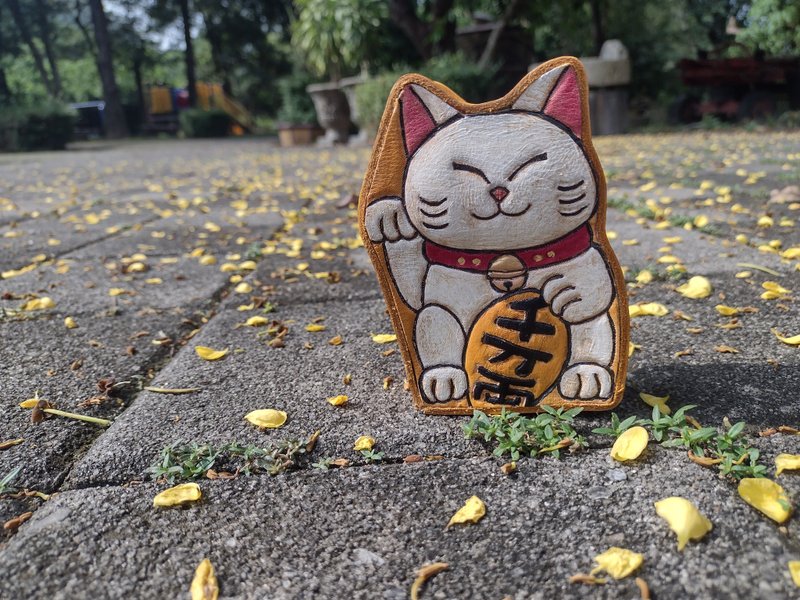 可爱的 招财猫 纯牛皮存钱筒 - 储蓄罐 - 真皮 橘色