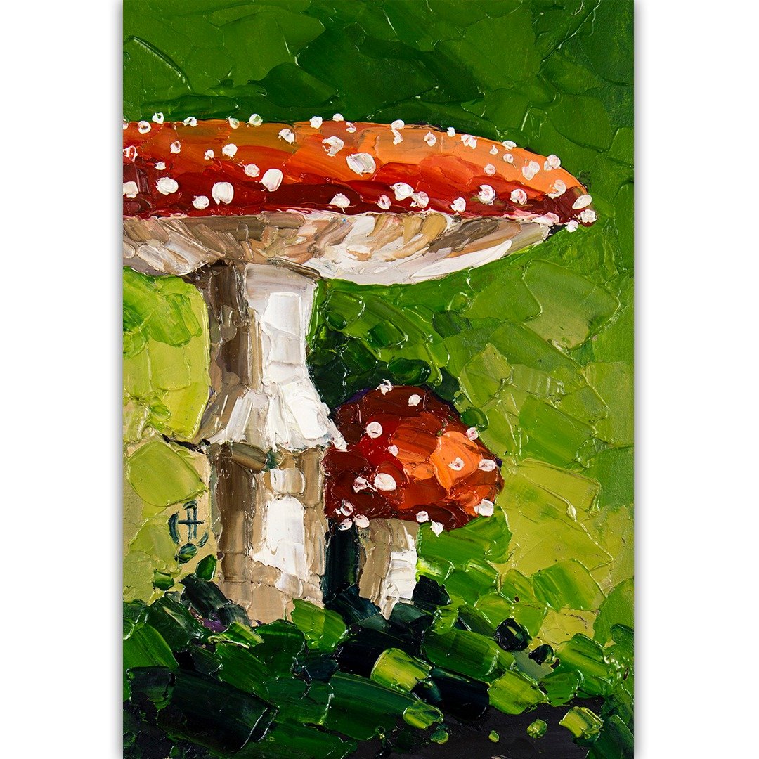 Fly Agaric Painting Mushroom Original Art Forest Hand-Painted Small Oil Painting - 海报/装饰画/版画 - 其他材质 红色