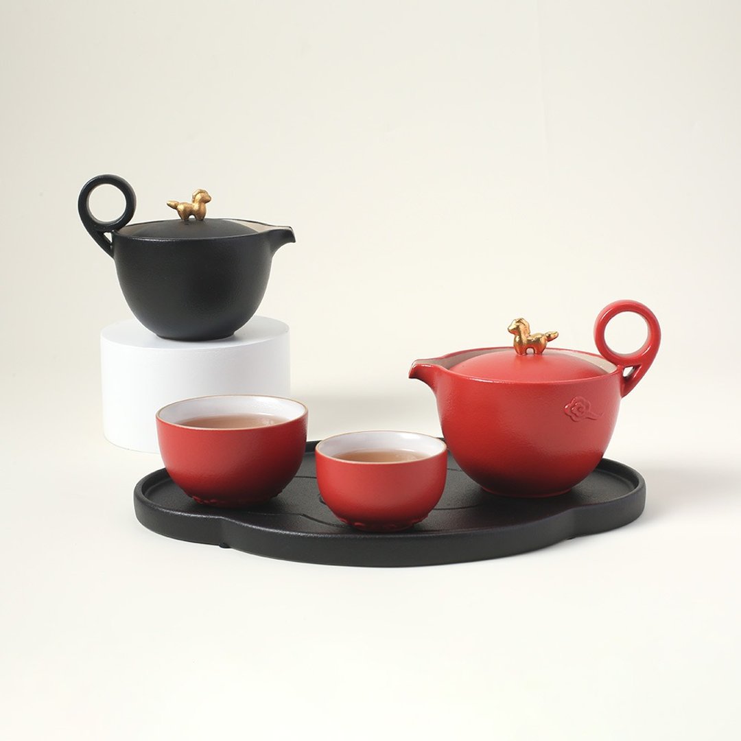 【礼物首选】陆宝 马上走运茶组 一壶两杯 - 茶具/茶杯 - 陶 红色