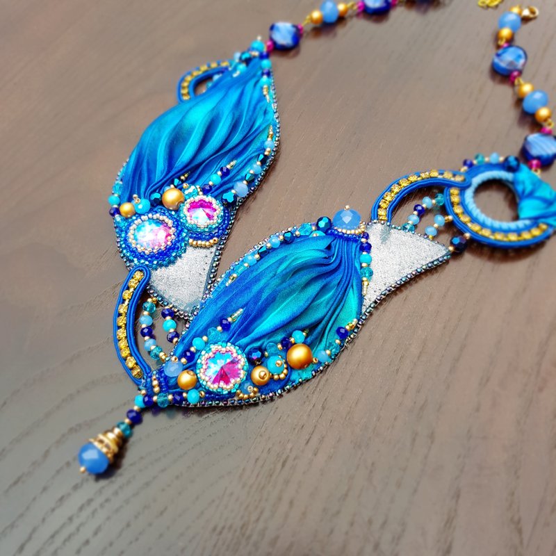 Shibori Necklace Soutache Necklace One of a kind jewelry - 项链 - 其他金属 蓝色