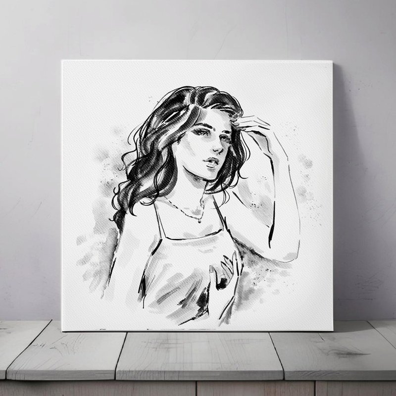 水墨风格灰度时尚插画现代艺术女性卧室客厅装饰画静谧氛围 唯美 - 墙贴/壁贴 - 纸 灰色