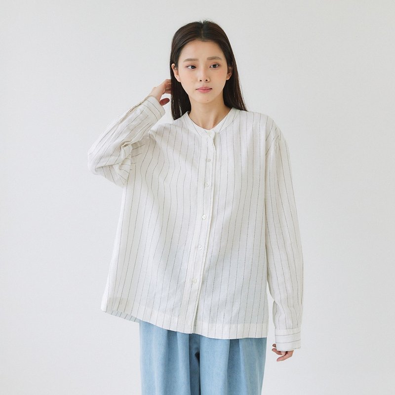 【Simply Yours】条纹棉麻长袖衬衫 白F - 女装衬衫 - 棉．麻 白色
