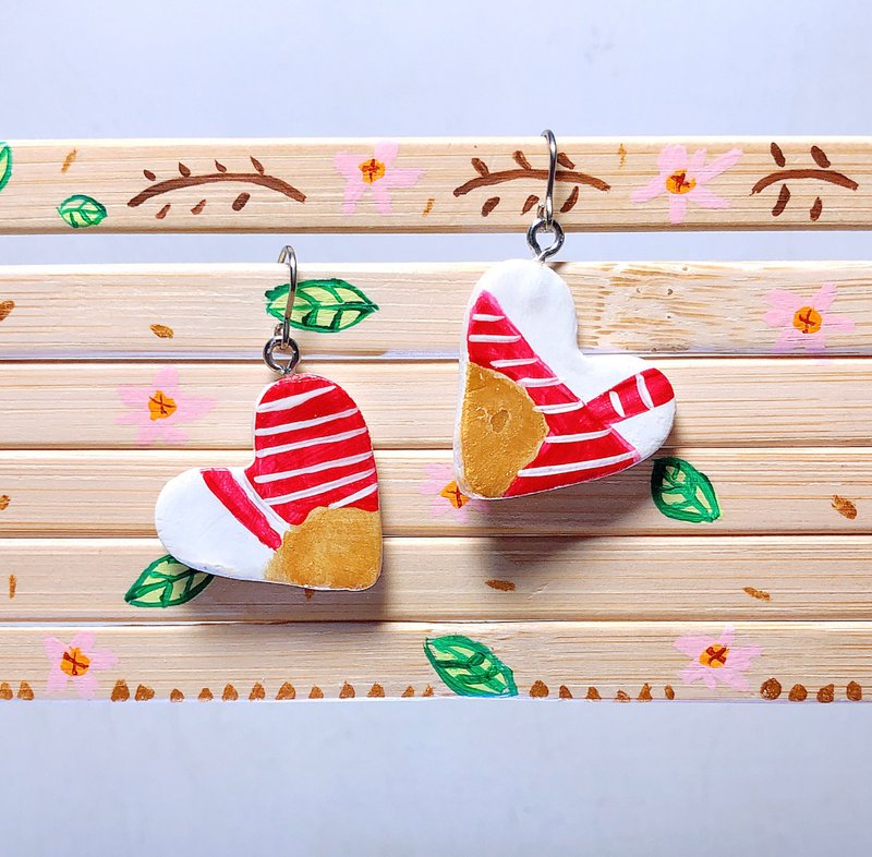 爱你爱心 手作黏土耳环 手绘捏制 不锈钢 吊坠款 - 耳环/耳夹 - 粘土 红色