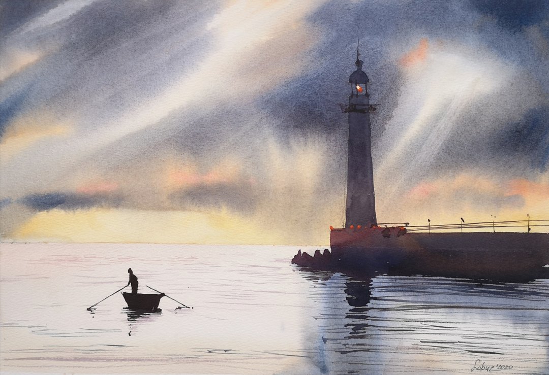 Lighthouse and sun rays - Original watercolor - 墙贴/壁贴 - 纸 