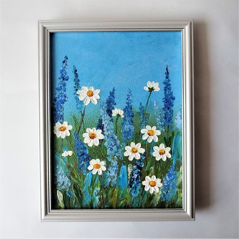 Wildflowers and daisies painting wall decoration Landscape painting artwork - 墙贴/壁贴 - 压克力 蓝色