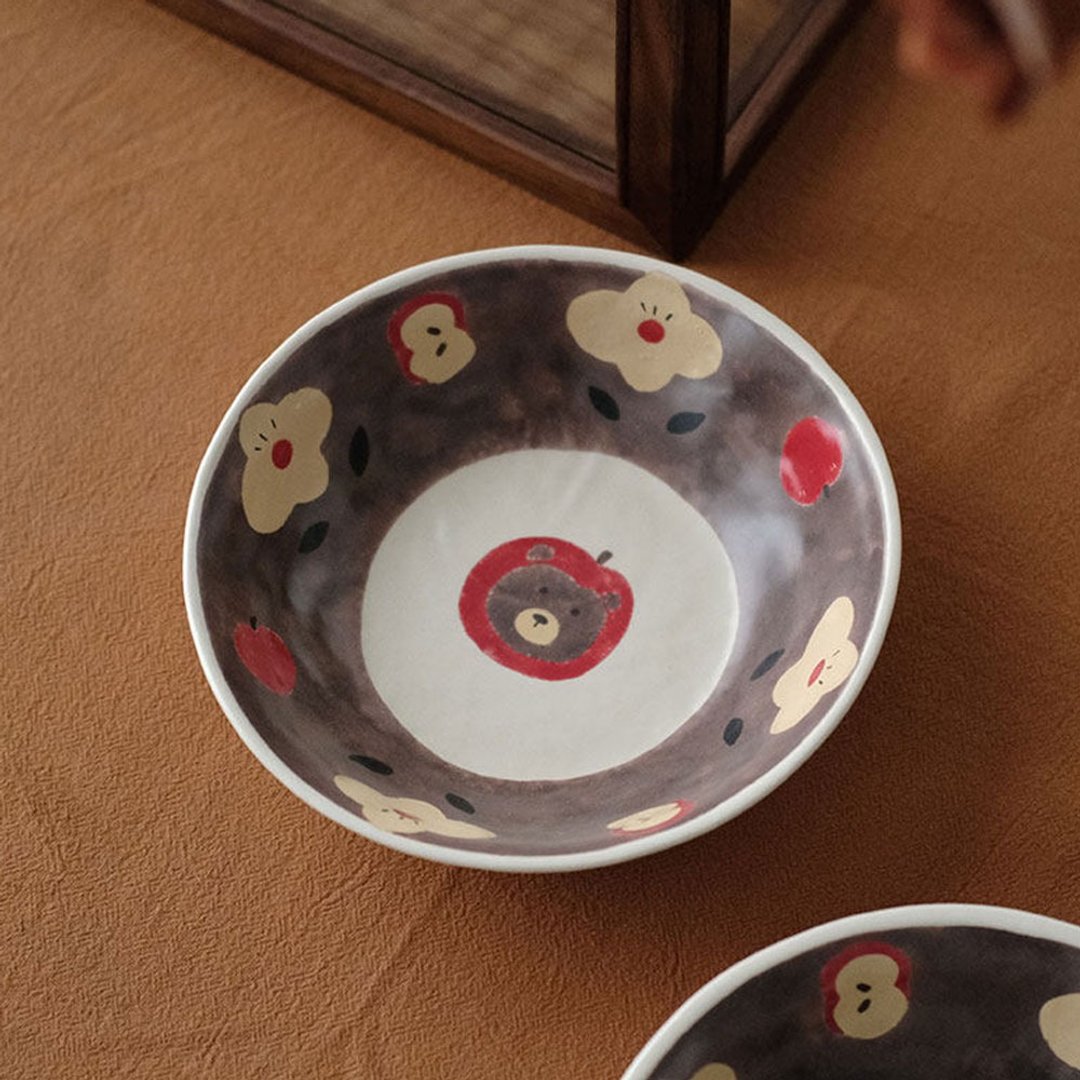 日式手繪蘋果熊啞光碟 / 日式家用深碟 / 陶瓷餐具禮物 - 盘子/餐盘/盘架 - 瓷 咖啡色