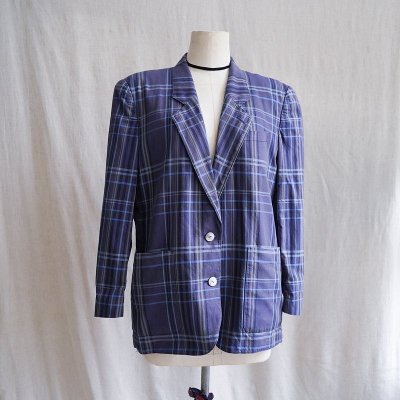 burberry蓝格子棉外套中古古着外套 vintage - 女装西装外套/风衣 - 棉．麻 蓝色