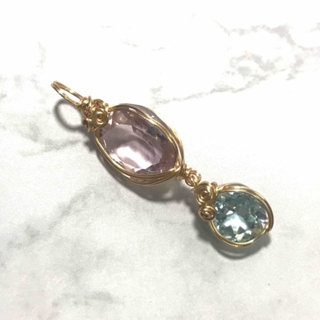 652-14kgf Pink Fluorite x Blue Topaz Wire Wrap Pendant Top - 项链 - 半宝石 粉红色