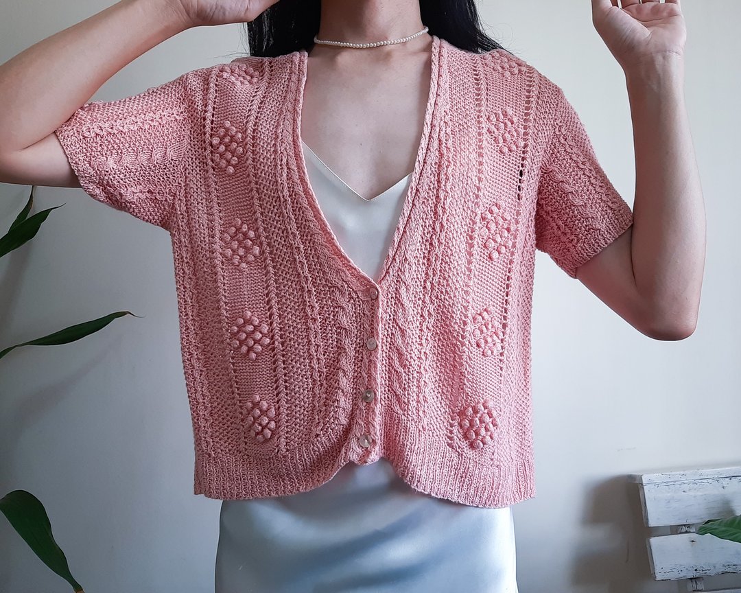 XL码 - 70年代复古亚麻开衫 蜜桃色手工针织 纽扣短袖上衣 - 女装针织衫/毛衣 - 棉 橘色