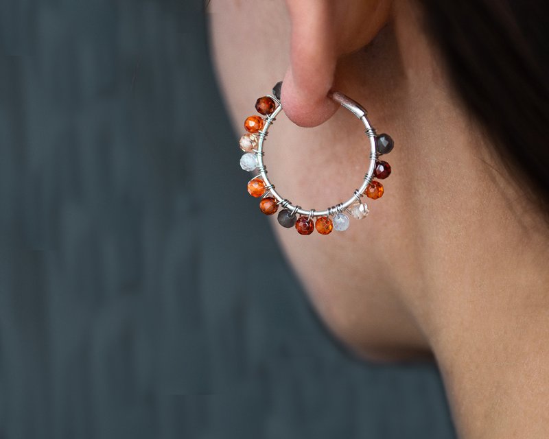 锆石圈形耳环，925银，射手座宝石，万圣节礼物，狮子座石 - 耳环/耳夹 - 宝石 橘色