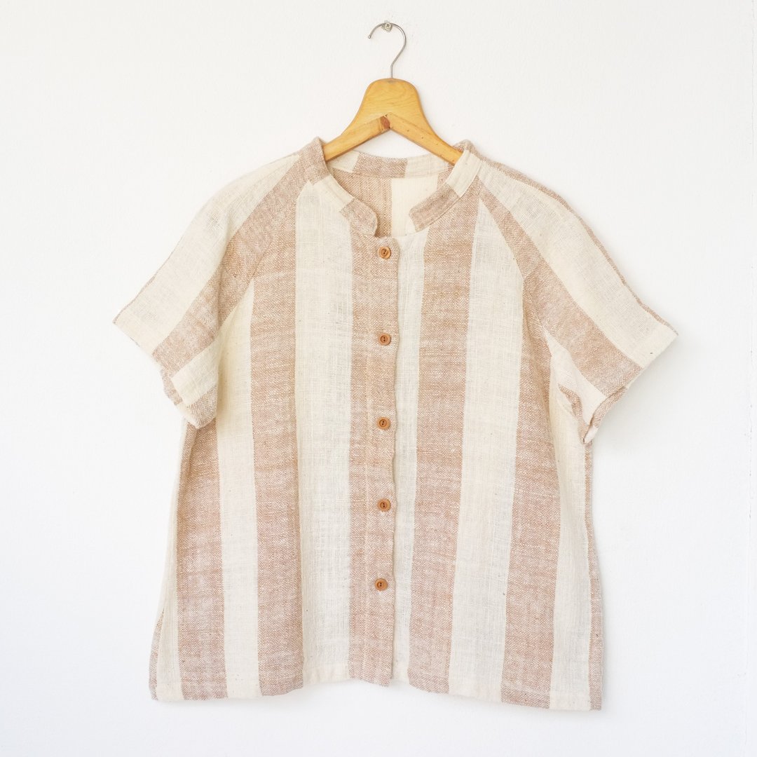 Pastel stripe shirt / handwoven and natural color hand-spunned cotton - 女装衬衫 - 棉 卡其色