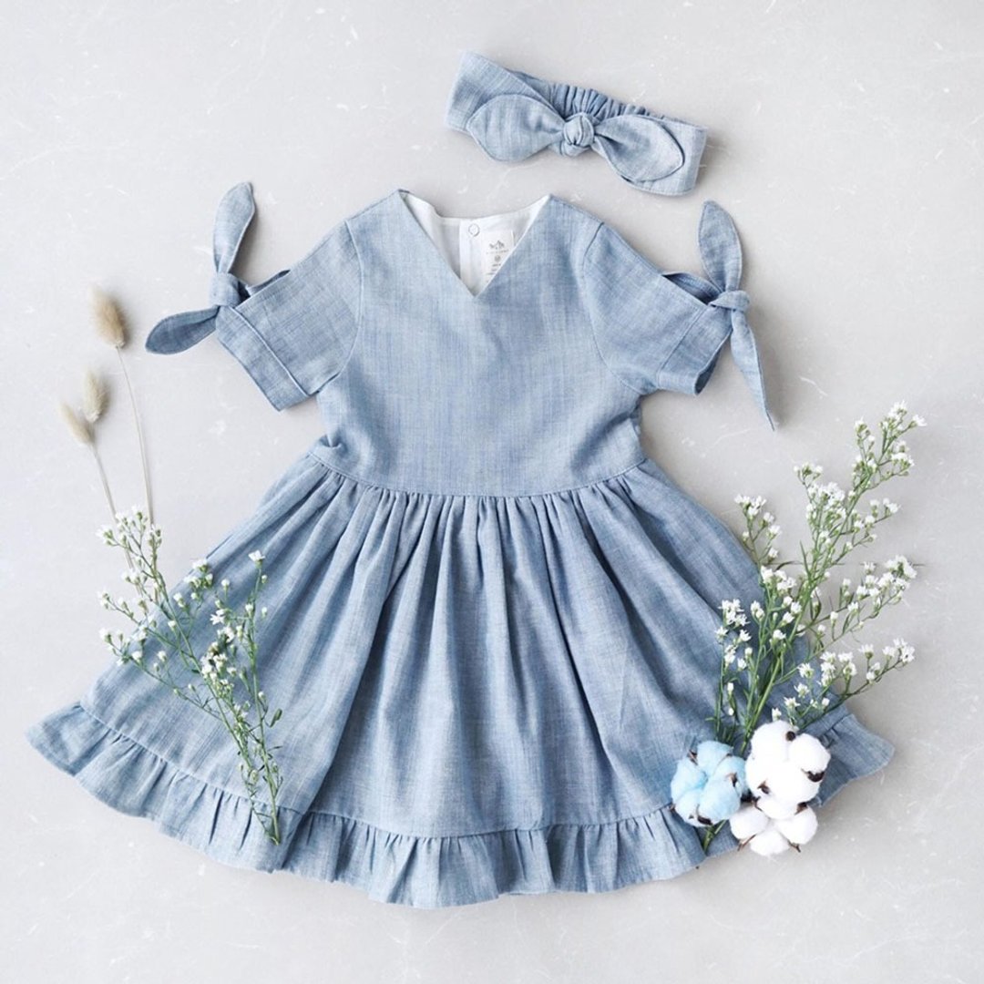 Blue Sky Girl Dress Hand Woven Cotton 100%,Natural Dyed - 洋装/连衣裙 - 棉 蓝色
