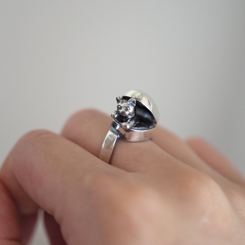 A cat ring jumping out of a jewelry case - 戒指 - 纯银 银色