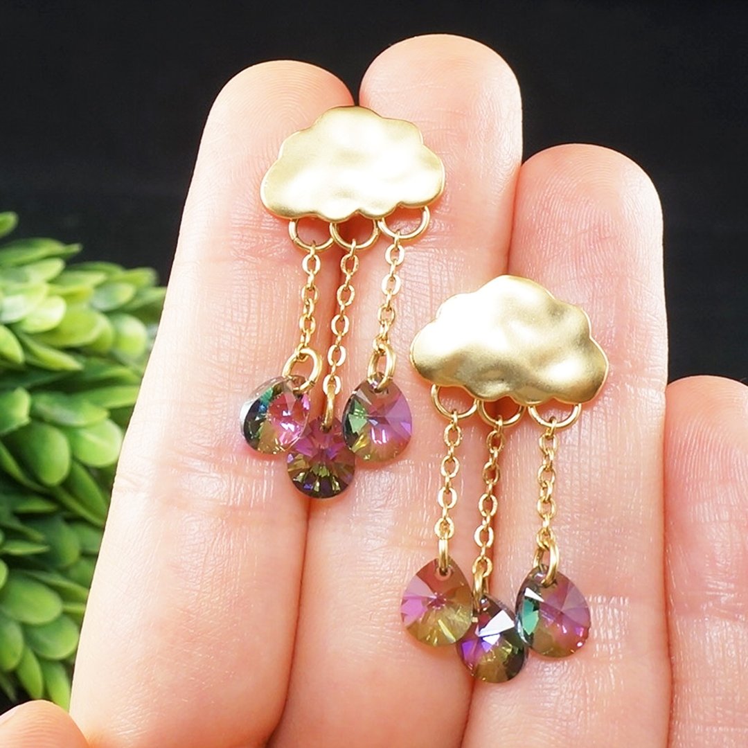金云耳环 紫色泪滴 Swarovski 水晶雨滴耳环 饰品 - 耳环/耳夹 - 水晶 金色