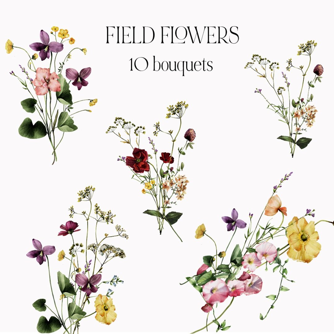 Field Flowers Watercolor Floral Clipart Meadow Bouquet PNG Spring Summer Design - 贴纸 - 其他金属 