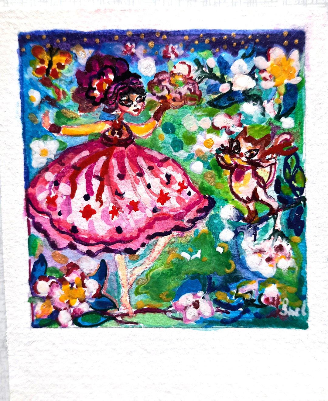 Girl Painting Original Art Watercolor Painting Small Art Meadow Art - 海报/装饰画/版画 - 其他材质 粉红色