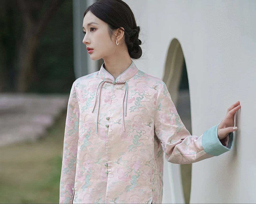 云鹤松间 中国风提花 仿宋锦盘扣上衣外套 - 女装上衣 - 丝．绢 粉红色